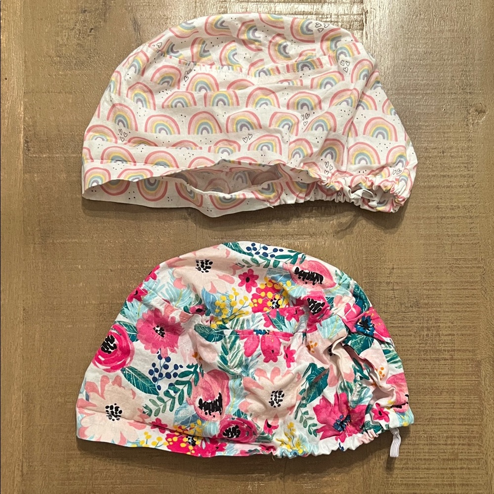 Set of Two Euro Rainbow and Flowers Scrub Caps